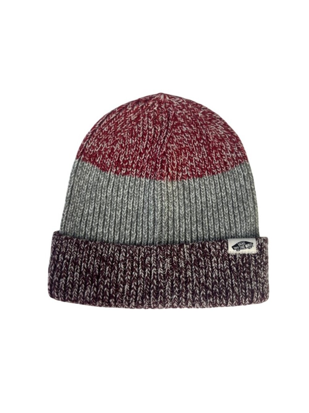 Vans Ribbed Knit Beanie Hat Two Tone Red Gray Fold Cuff Warm Winter